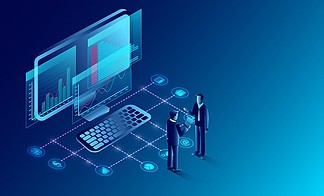 商业分析、沟通与当代营销及软件开发的融合 卡通矢量插画的营销力量